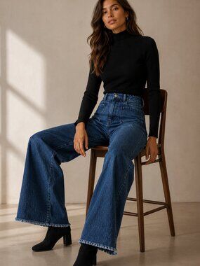 Maria Stanley Hank Pant Denim Wide Leg Jeans Frayed Hem High Rise Patch Pocket 8